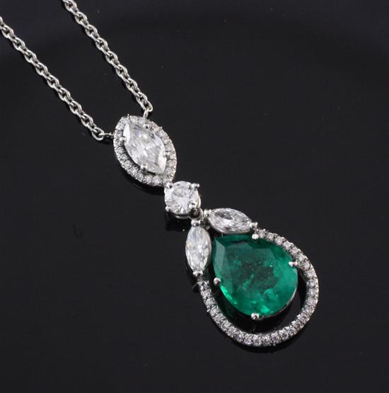 A white gold, emerald and diamond drop pendant necklace, drop 1.25in.